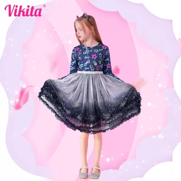 VIKITA Toddler Girls Dress Long Sleeve Ruffle Cotton Sweatshirt with Tutu for Birthday Party Dresses OutfitBlacklh4400