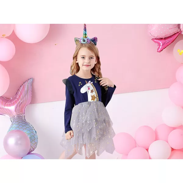 VIKITA Toddler Girls Dress Long Sleeve Ruffle Cotton Sweatshirt with Tutu for Birthday Party Dresses OutfitNavybluelh4772