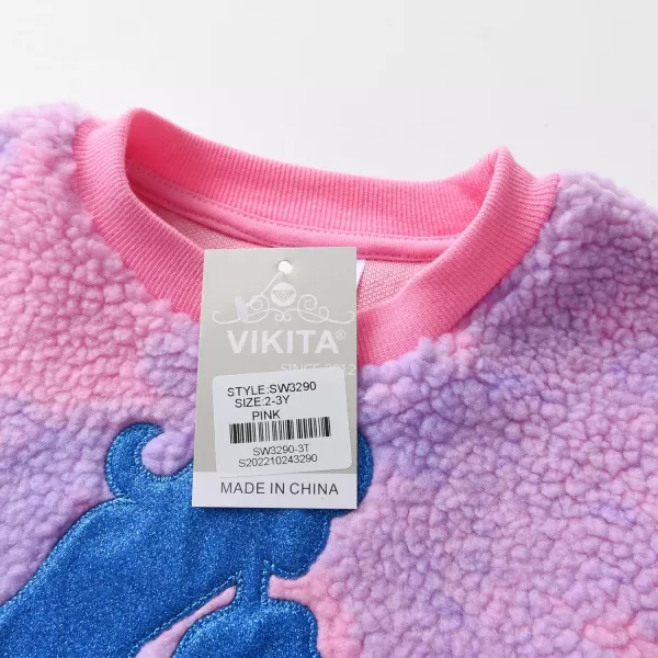 VIKITA Toddler Girls Fuzzy Sherpa Sweatshirt Long Sleeve Fleece Pullover Soft Warm Tops with Sparkle Cute CartoonPinksw3290