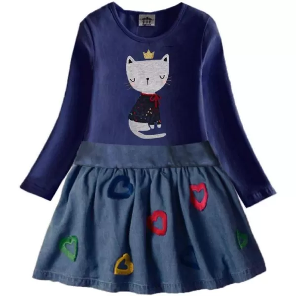 VIKITA Girls Long Sleeve Blue Dress Applique Cat Cartoon Casual Cotton Everyday Dress 412 YearsBluelh5950