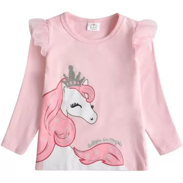 VIKITA Girls Long Sleeve Tees Layered Tulle Cotton Crewneck Sweatshirt Happy Horse Embroidery for Little Kids Fall WinterPinkl3970