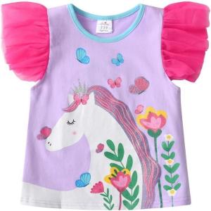 imageVIKITA Girls Casual T Shirt Ruffle Sleeves Summer Cotton Tee with Cartoon Printed for Girls Tee TopsBlues271