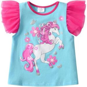 imageVIKITA Girls Casual T Shirt Ruffle Sleeves Summer Cotton Tee with Cartoon Printed for Girls Tee TopsBlues272