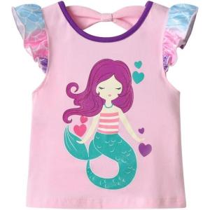 imageVIKITA Girls Casual T Shirt Ruffle Sleeves Summer Cotton Tee with Cartoon Printed for Girls Tee TopsPinks5306