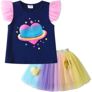 imageVIKITA Girls Summer Skirt Sets Ruffle Tulle Sleeves TShirt Tutu Skirt Birthday Party Outfit 312 YearsBlues271