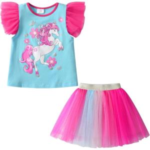 imageVIKITA Girls Summer Skirt Sets Ruffle Tulle Sleeves TShirt Tutu Skirt Birthday Party Outfit 312 YearsBlues272