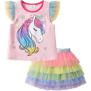 imageVIKITA Girls Summer Skirt Sets Ruffle Tulle Sleeves TShirt Tutu Skirt Birthday Party Outfit 312 YearsPinks5303