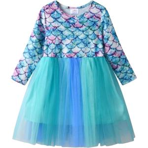 imageVIKITA Girls Rainbow Mermaid Tutu Dress Long Sleeve Sparkling Scales Party Tulle Princess Dresses for 310 YearsBlue Green