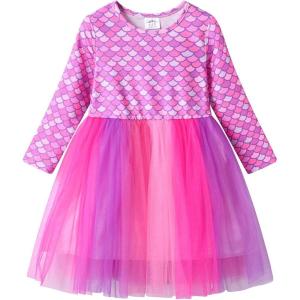 imageVIKITA Girls Rainbow Mermaid Tutu Dress Long Sleeve Sparkling Scales Party Tulle Princess Dresses for 310 YearsPink