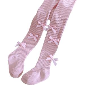 image:imageVIKITA Girls Ribbed Tights with Bow  Soft Daily Knitted LeggingsPink