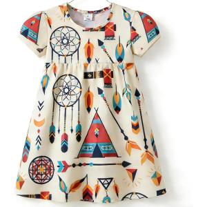image:imageVIKITA Summer Girls Dresses Short Sleeve Casual Toddler Girl Clothes Schoold Outfits for KidsBeige