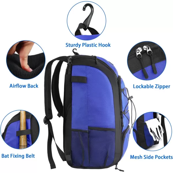 MATEIN Baseball Backpack Softball Bat Bag with Shoes Compartment for Youth Boys and Adult Lightweight Baseball Bag with Fence Hook Hold TBall Bat Batting Mitten Helmet Caps Teeball GearBlue29L