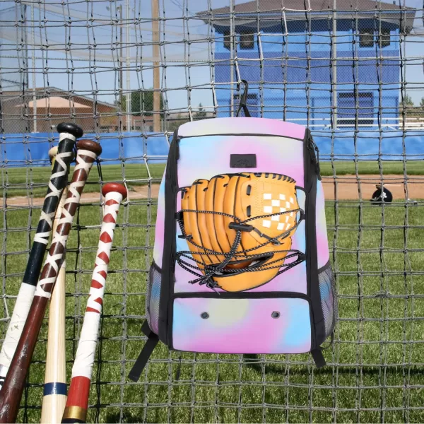 MATEIN Baseball Backpack Softball Bat Bag with Shoes Compartment for Youth Boys and Adult Lightweight Baseball Bag with Fence Hook Hold TBall Bat Batting Mitten Helmet Caps Teeball GearTie Dye29L