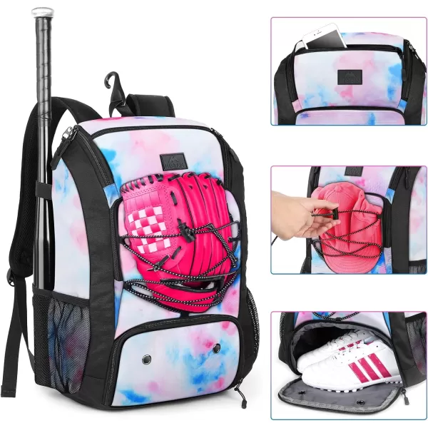 MATEIN Baseball Backpack Softball Bat Bag with Shoes Compartment for Youth Boys and Adult Lightweight Baseball Bag with Fence Hook Hold TBall Bat Batting Mitten Helmet Caps Teeball GearMulticolor29L