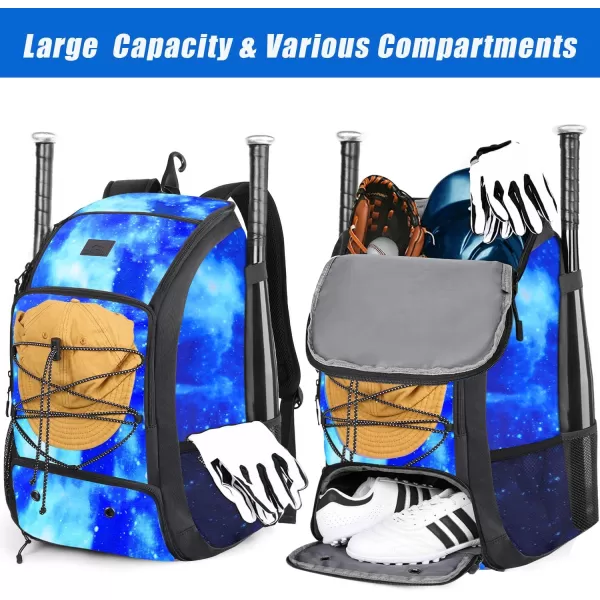 MATEIN Baseball Backpack Softball Bat Bag with Shoes Compartment for Youth Boys and Adult Lightweight Baseball Bag with Fence Hook Hold TBall Bat Batting Mitten Helmet Caps Teeball GearGalaxy Blue47L