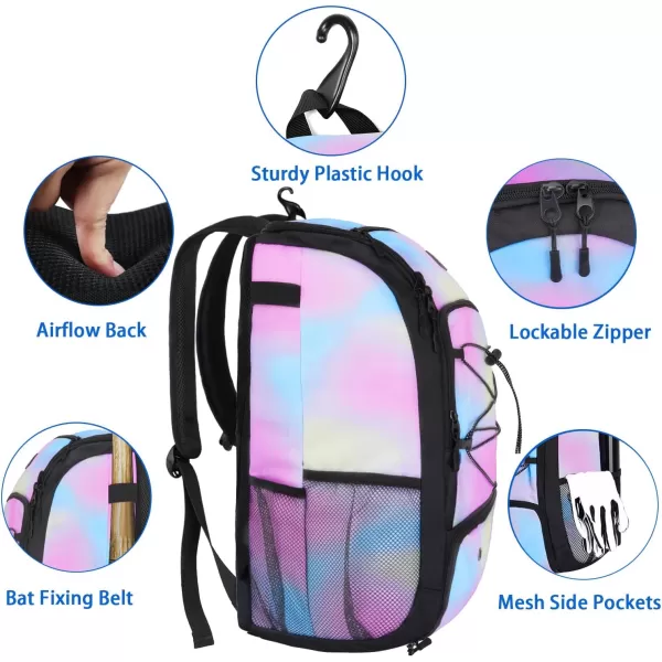 MATEIN Baseball Backpack Softball Bat Bag with Shoes Compartment for Youth Boys and Adult Lightweight Baseball Bag with Fence Hook Hold TBall Bat Batting Mitten Helmet Caps Teeball GearTie Dye29L