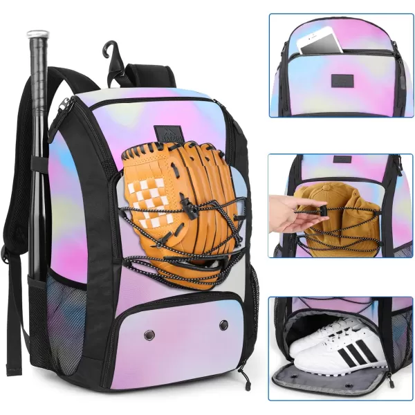 MATEIN Baseball Backpack Softball Bat Bag with Shoes Compartment for Youth Boys and Adult Lightweight Baseball Bag with Fence Hook Hold TBall Bat Batting Mitten Helmet Caps Teeball GearTie Dye29L