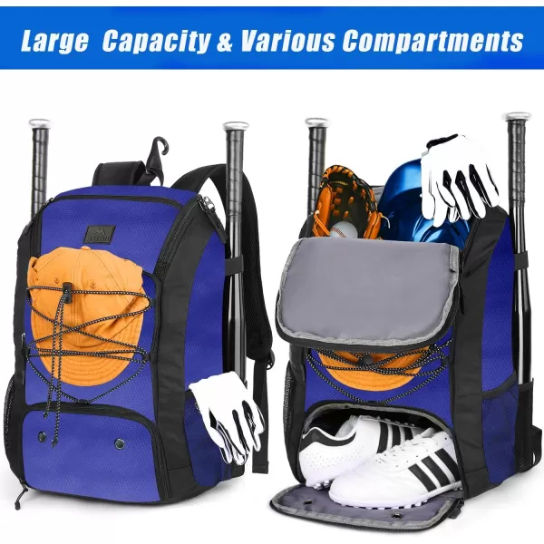 MATEIN Baseball Backpack Softball Bat Bag with Shoes Compartment for Youth Boys and Adult Lightweight Baseball Bag with Fence Hook Hold TBall Bat Batting Mitten Helmet Caps Teeball GearBlue29L
