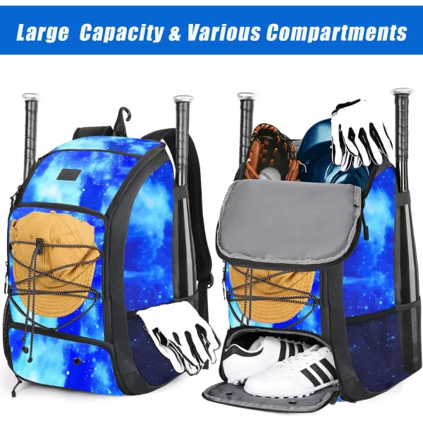 MATEIN Baseball Backpack Softball Bat Bag with Shoes Compartment for Youth Boys and Adult Lightweight Baseball Bag with Fence Hook Hold TBall Bat Batting Mitten Helmet Caps Teeball GearGalaxy Blue29L