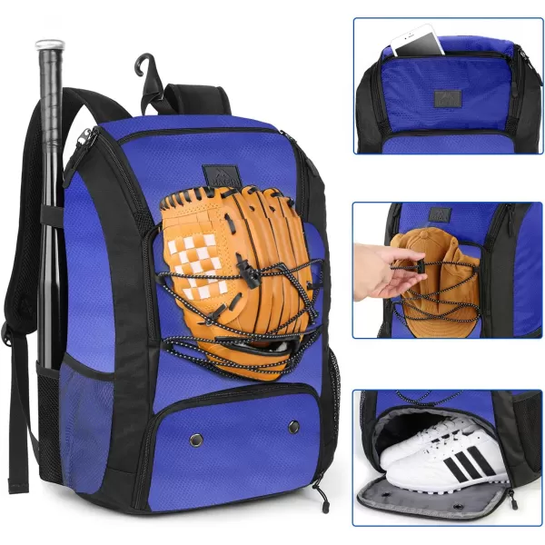 MATEIN Baseball Backpack Softball Bat Bag with Shoes Compartment for Youth Boys and Adult Lightweight Baseball Bag with Fence Hook Hold TBall Bat Batting Mitten Helmet Caps Teeball GearBlue47L