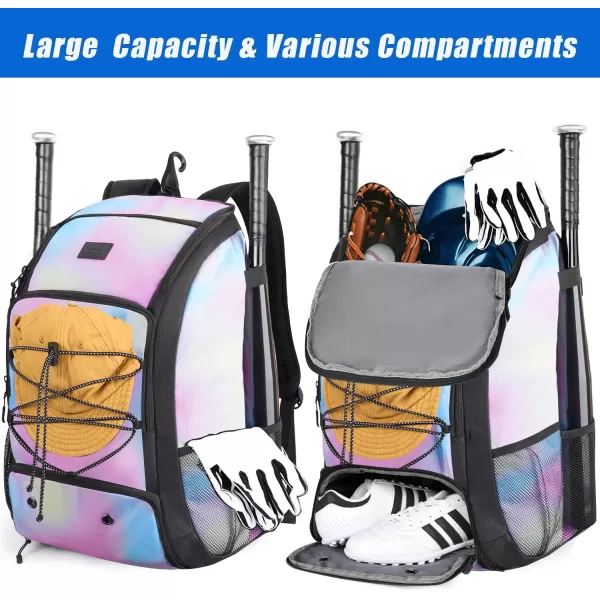 MATEIN Baseball Backpack Softball Bat Bag with Shoes Compartment for Youth Boys and Adult Lightweight Baseball Bag with Fence Hook Hold TBall Bat Batting Mitten Helmet Caps Teeball GearTie Dye29L