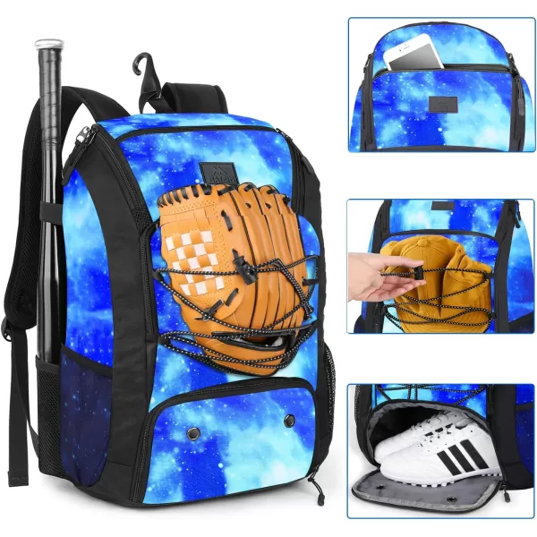 MATEIN Baseball Backpack Softball Bat Bag with Shoes Compartment for Youth Boys and Adult Lightweight Baseball Bag with Fence Hook Hold TBall Bat Batting Mitten Helmet Caps Teeball GearGalaxy Blue47L