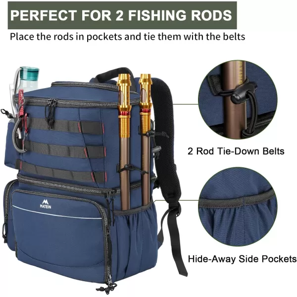 MATEIN Fishing Tackle Backpack with Cooler Large Fishing Bag with Rod Holders for 4 Trays Tray Not Included  Fishing gearBlue