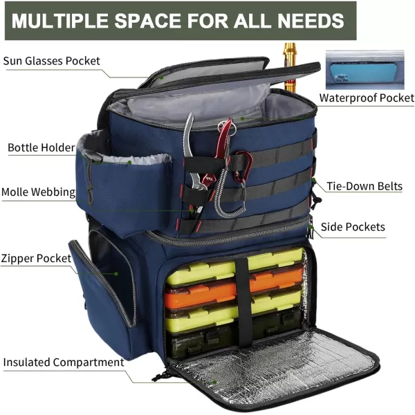 MATEIN Fishing Tackle Backpack with Cooler Large Fishing Bag with Rod Holders for 4 Trays Tray Not Included  Fishing gearBlue