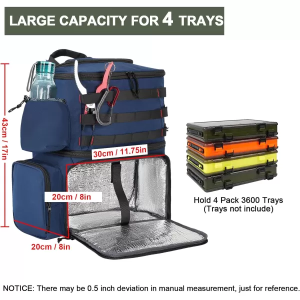 MATEIN Fishing Tackle Backpack with Cooler Large Fishing Bag with Rod Holders for 4 Trays Tray Not Included  Fishing gearBlue