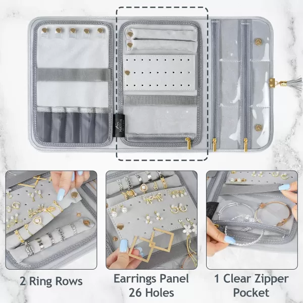MATEIN Jewelry Travel Case for Women Large Jewelry Holder Organizer with Transparent Pockets Foldable Jewelry Roll Bag for Necklace Earring Ring Storage Mothers Day Gift for Mom BeigeGrey