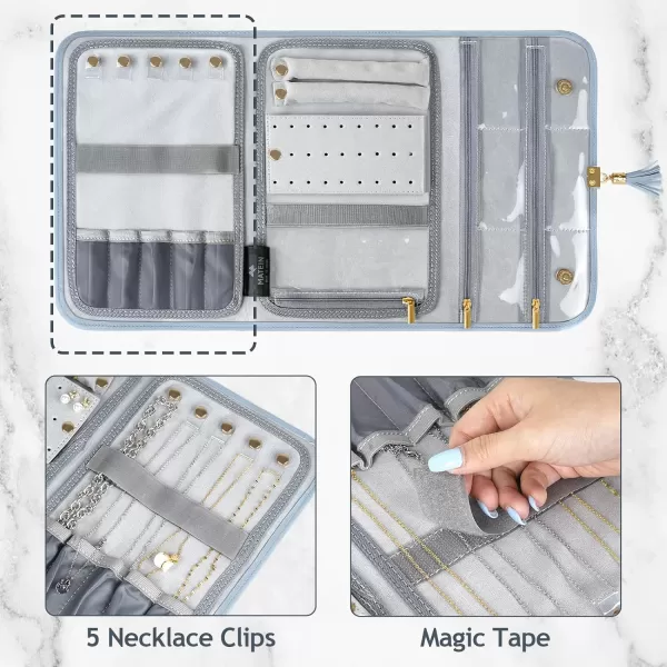 MATEIN Jewelry Travel Case for Women Large Jewelry Holder Organizer with Transparent Pockets Foldable Jewelry Roll Bag for Necklace Earring Ring Storage Mothers Day Gift for Mom BeigeBlue