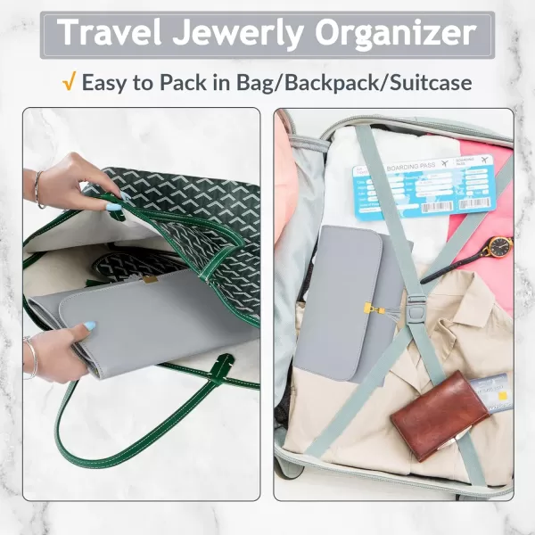MATEIN Jewelry Travel Case for Women Large Jewelry Holder Organizer with Transparent Pockets Foldable Jewelry Roll Bag for Necklace Earring Ring Storage Mothers Day Gift for Mom BeigeGrey