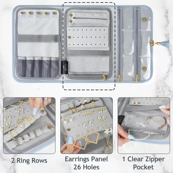 MATEIN Jewelry Travel Case for Women Large Jewelry Holder Organizer with Transparent Pockets Foldable Jewelry Roll Bag for Necklace Earring Ring Storage Mothers Day Gift for Mom BeigeBlue