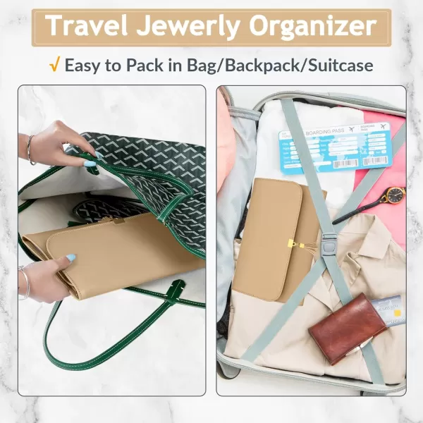 MATEIN Jewelry Travel Case for Women Large Jewelry Holder Organizer with Transparent Pockets Foldable Jewelry Roll Bag for Necklace Earring Ring Storage Mothers Day Gift for Mom BeigeLight Brown