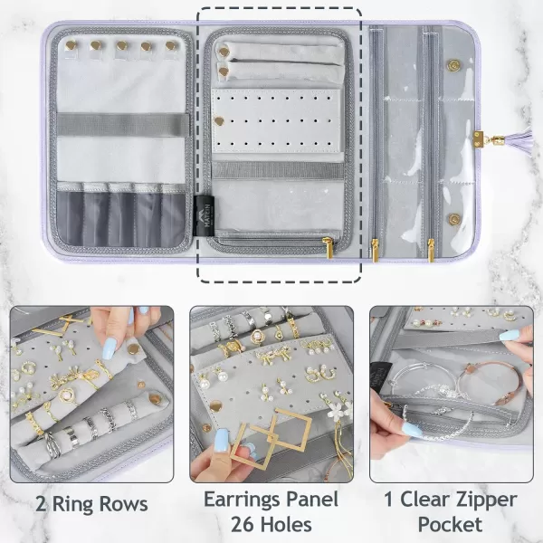 MATEIN Jewelry Travel Case for Women Large Jewelry Holder Organizer with Transparent Pockets Foldable Jewelry Roll Bag for Necklace Earring Ring Storage Mothers Day Gift for Mom BeigePurple