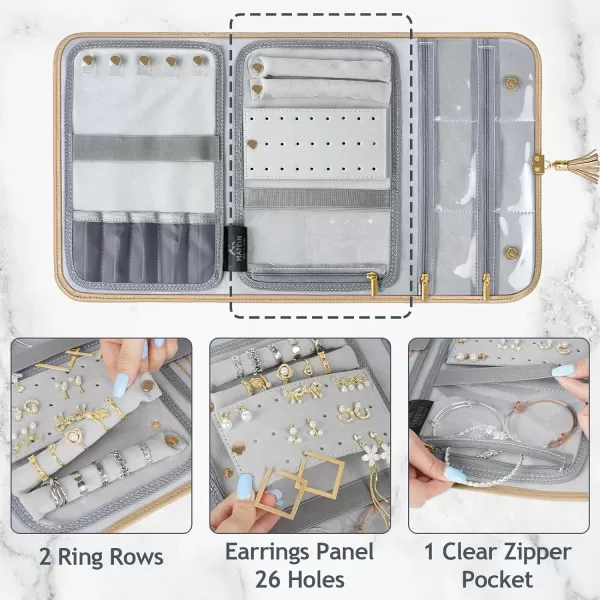 MATEIN Jewelry Travel Case for Women Large Jewelry Holder Organizer with Transparent Pockets Foldable Jewelry Roll Bag for Necklace Earring Ring Storage Mothers Day Gift for Mom BeigeLight Brown