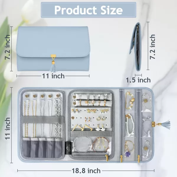 MATEIN Jewelry Travel Case for Women Large Jewelry Holder Organizer with Transparent Pockets Foldable Jewelry Roll Bag for Necklace Earring Ring Storage Mothers Day Gift for Mom BeigeBlue