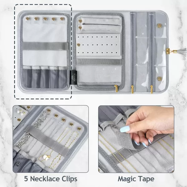 MATEIN Jewelry Travel Case for Women Large Jewelry Holder Organizer with Transparent Pockets Foldable Jewelry Roll Bag for Necklace Earring Ring Storage Mothers Day Gift for Mom BeigeGrey