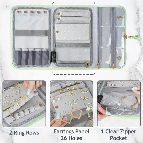 MATEIN Jewelry Travel Case for Women Large Jewelry Holder Organizer with Transparent Pockets Foldable Jewelry Roll Bag for Necklace Earring Ring Storage Mothers Day Gift for Mom BeigeGreen