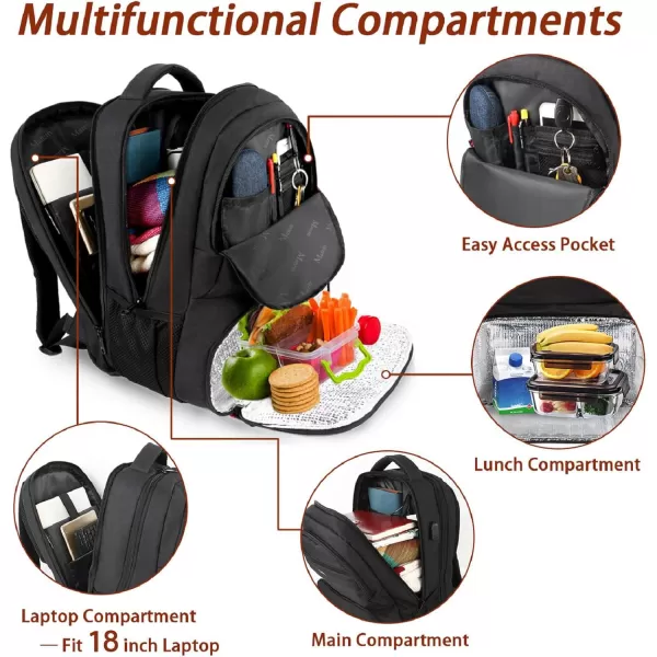 MATEIN Lunch Backpack 17 inch Insulated Cooler Backpack with USB Charging Port for Women Men Water Resistant College Lunch Box Backpack with Laptop Compartment for Work Picnic Travel Beach GiftsBlack