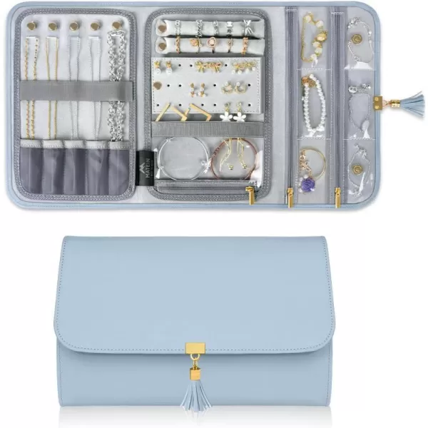 MATEIN Jewelry Travel Case for Women Large Jewelry Holder Organizer with Transparent Pockets Foldable Jewelry Roll Bag for Necklace Earring Ring Storage Mothers Day Gift for Mom BeigeBlue