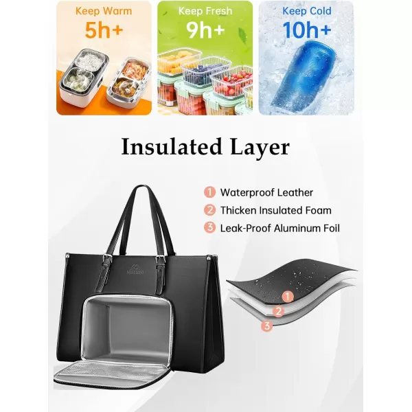 MATEIN Laptop Tote Bag with Insulated Lunch Compartment 156 Inch PU Leather Briefcase with Leakproof Lunch Box Pocket for Women Convertible Lightweight Computer Work Bag Handbag for Office Black