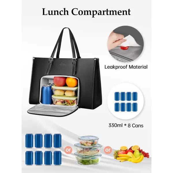 MATEIN Laptop Tote Bag with Insulated Lunch Compartment 156 Inch PU Leather Briefcase with Leakproof Lunch Box Pocket for Women Convertible Lightweight Computer Work Bag Handbag for Office Black