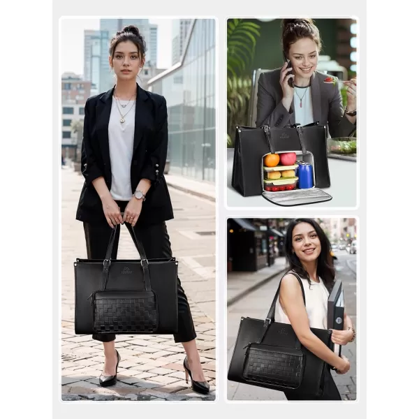 MATEIN Laptop Tote Bag with Insulated Lunch Compartment 156 Inch PU Leather Briefcase with Leakproof Lunch Box Pocket for Women Convertible Lightweight Computer Work Bag Handbag for Office Black