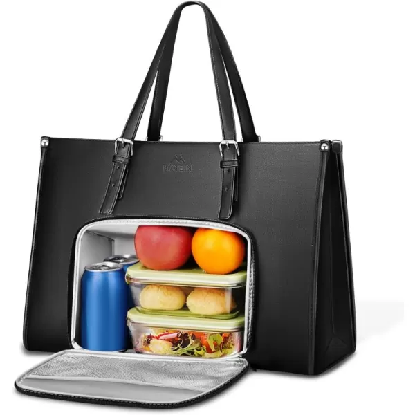 MATEIN Laptop Tote Bag with Insulated Lunch Compartment 156 Inch PU Leather Briefcase with Leakproof Lunch Box Pocket for Women Convertible Lightweight Computer Work Bag Handbag for Office Black
