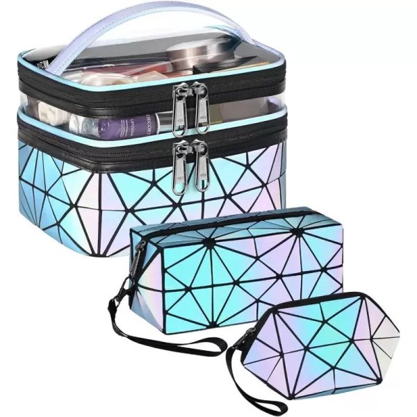 MATEIN Travel Makeup Bag Set Luxury Luminous Geometric Cosmetic Bag for Women High End Designer Holographic Makeup Bags Organizer Set Double Layer Portable Multifunctional Toiletry Bags SetMATEIN Travel Makeup Bag Set Luxury Luminous Geometric Cosmetic Bag for Women High End Designer Holographic Makeup Bags Organizer Set Double Layer Portable Multifunctional Toiletry Bags Set