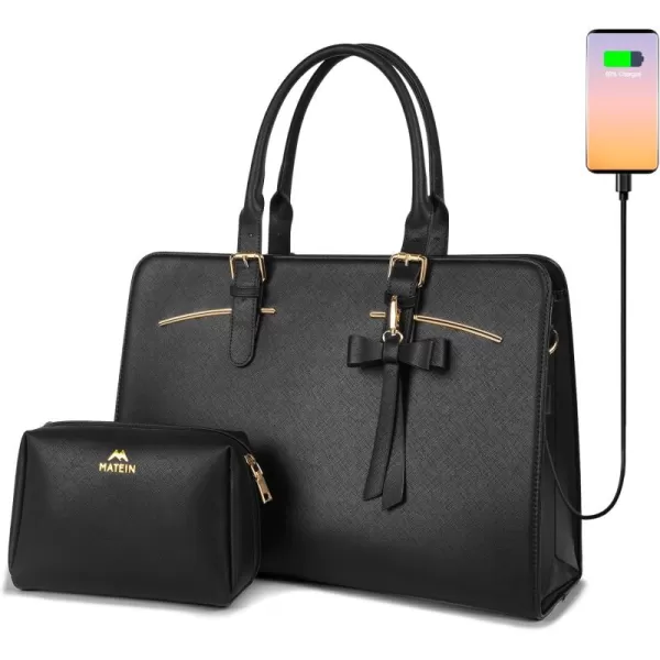 MATEIN Womens Briefcase Large Waterproof PU Leather Work Laptop Tote Bag with USB Charging Port Casual Computer Shoulder Bag Messenger fits 156 Inch Business Handbag Satchel Purse 2pcs SetBlackBlack