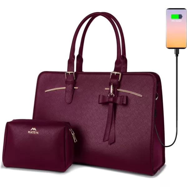 MATEIN Womens Briefcase Large Waterproof PU Leather Work Laptop Tote Bag with USB Charging Port Casual Computer Shoulder Bag Messenger fits 156 Inch Business Handbag Satchel Purse 2pcs SetBlackDark Purple