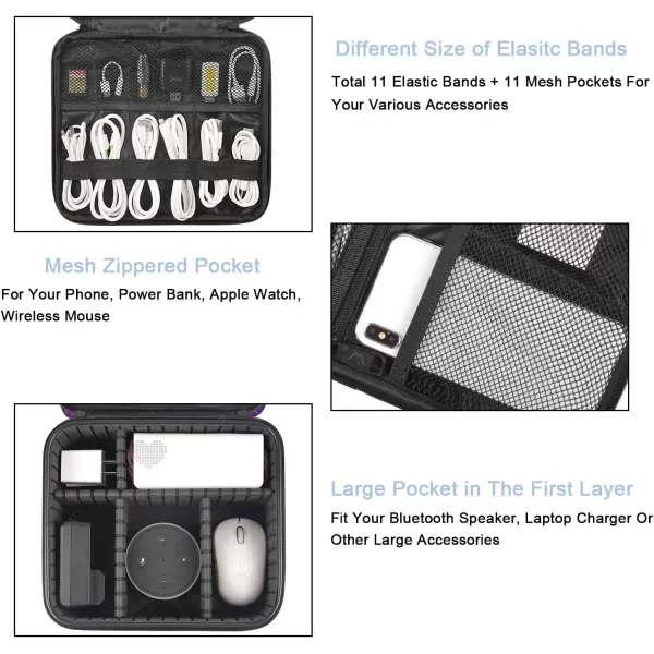 Cable Organizer Bag Waterproof Travel Electronic Storage with Adjustable Divider Shockproof Portable Double Layer Tech Bags Carrying Case for Cord Earbuds Charger SD Card Tech Gifts BlackPurple