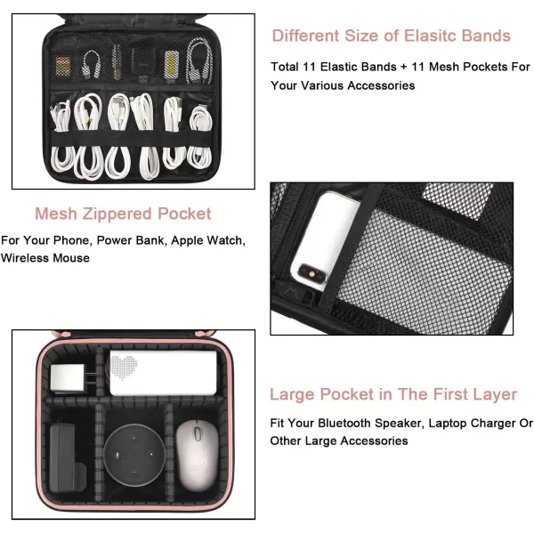 Cable Organizer Bag Waterproof Travel Electronic Storage with Adjustable Divider Shockproof Portable Double Layer Tech Bags Carrying Case for Cord Earbuds Charger SD Card Tech Gifts BlackPink